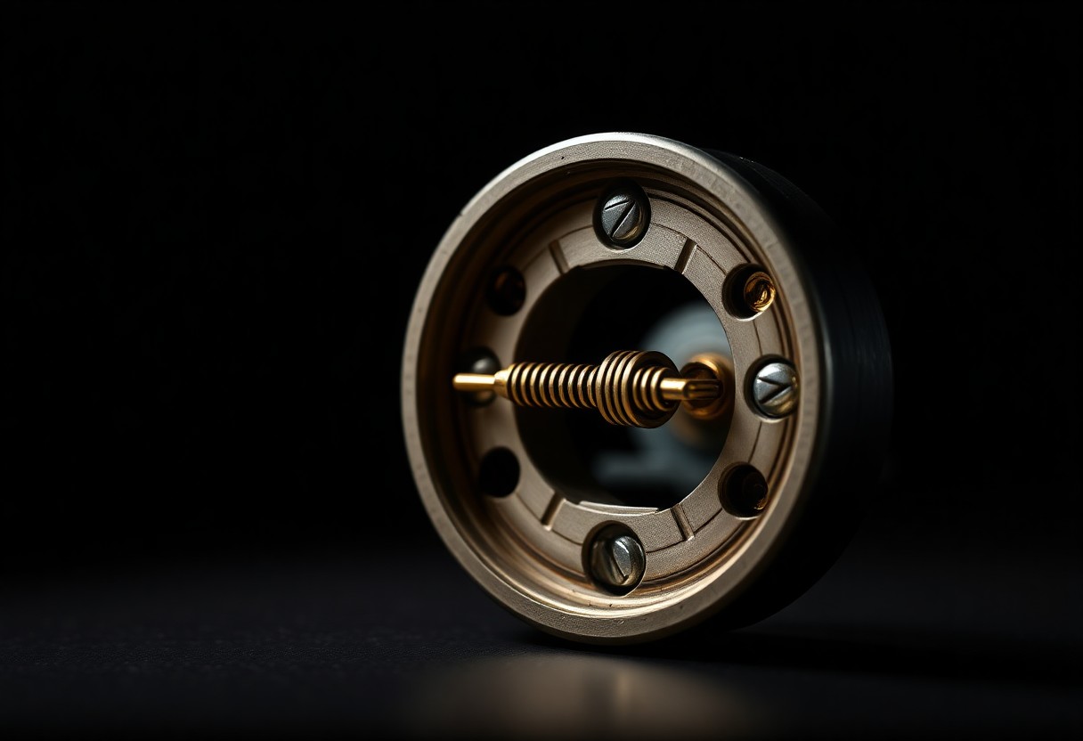 A pin tumbler lock cylinder cut away to show key pins, driver pins and the shear line