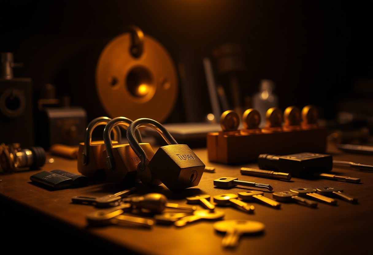 A working locksmith's bench — brass padlocks, keys and pick tools under warm light