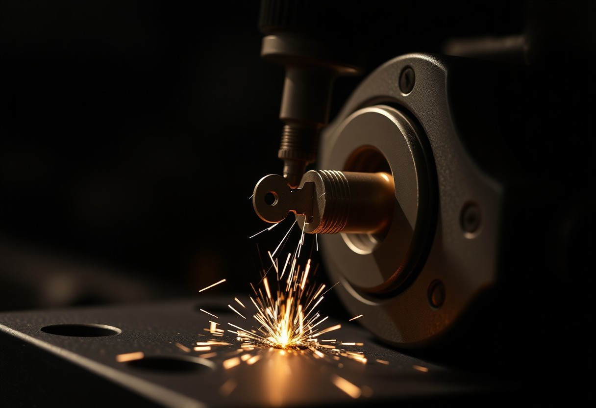 A key machine cutting a brass key with metal sparks