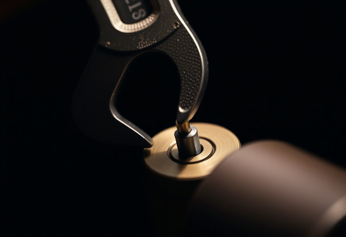 Macro of a tension wrench and pick working a brass lock cylinder