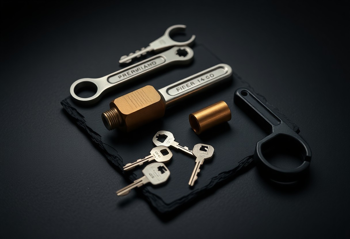 A premium flatlay of locksmith pick tools, tension wrenches, key blanks and a cylinder